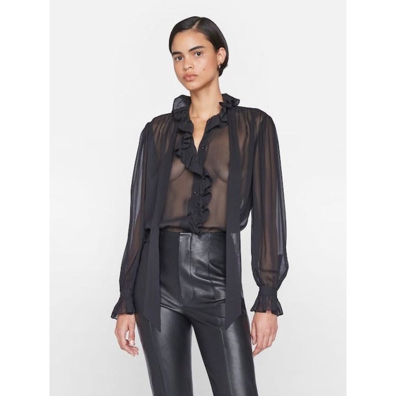 RUFFLE FRONT BUTTON UP SHIRT