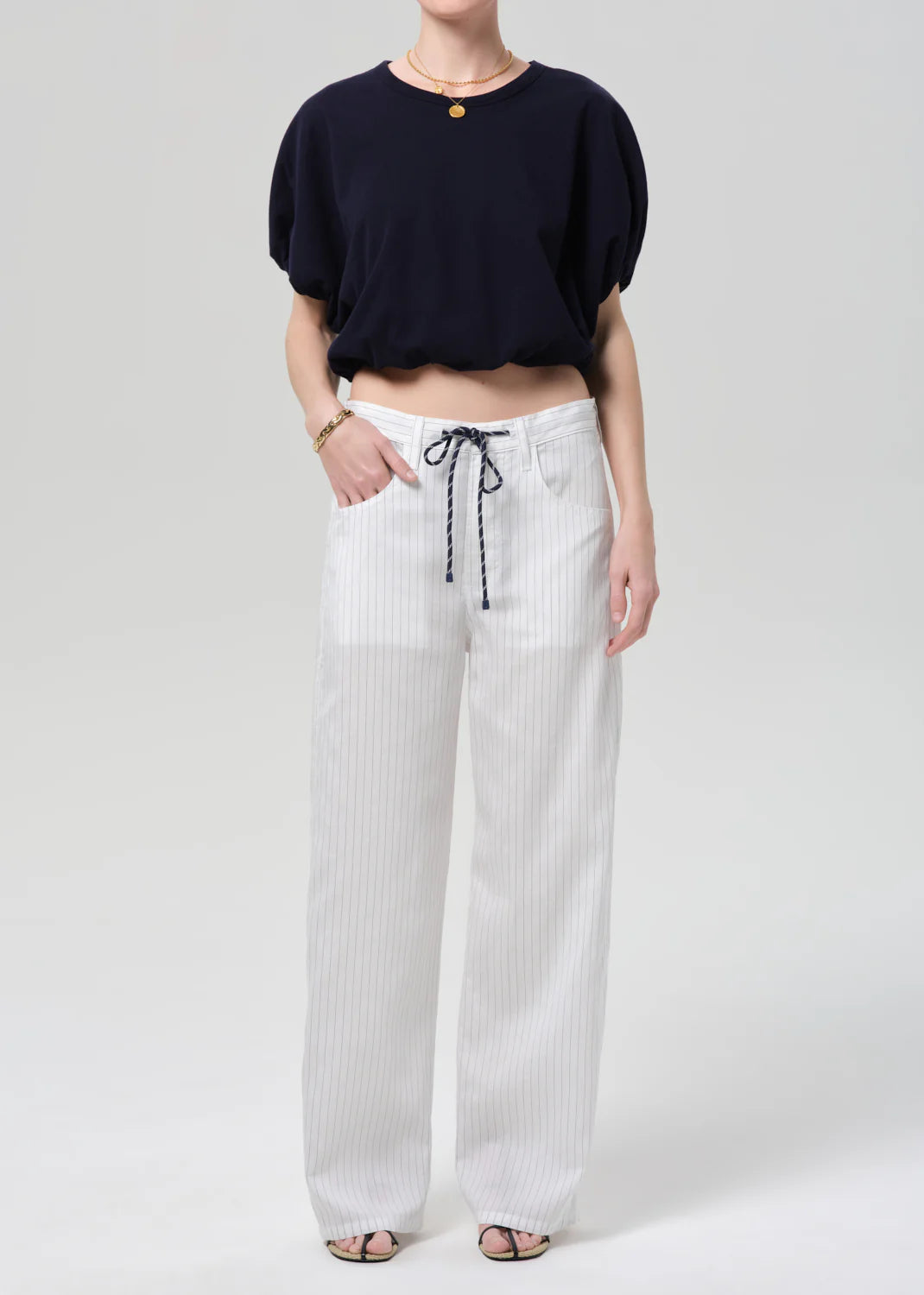 BRYNN DRAWSTRING TROUSER IN BLACK PINSTRIPE