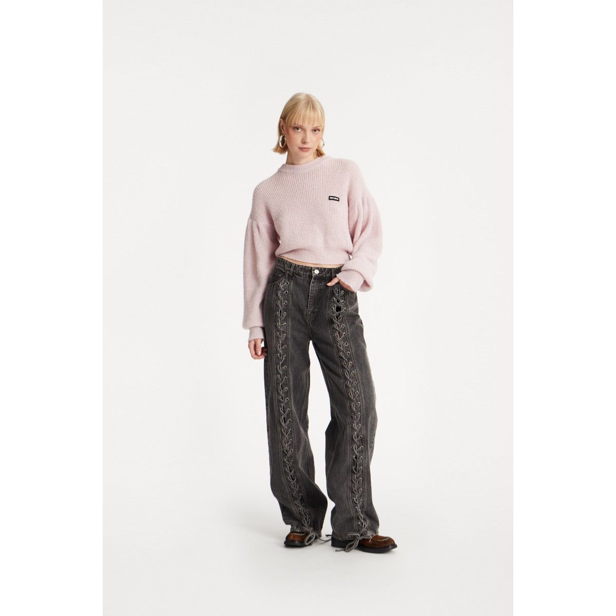 DENIM LACED LEG PANTS