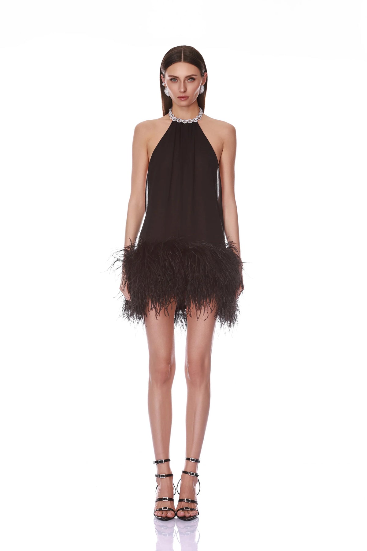 Halter Neck mini Dress with Feather trim