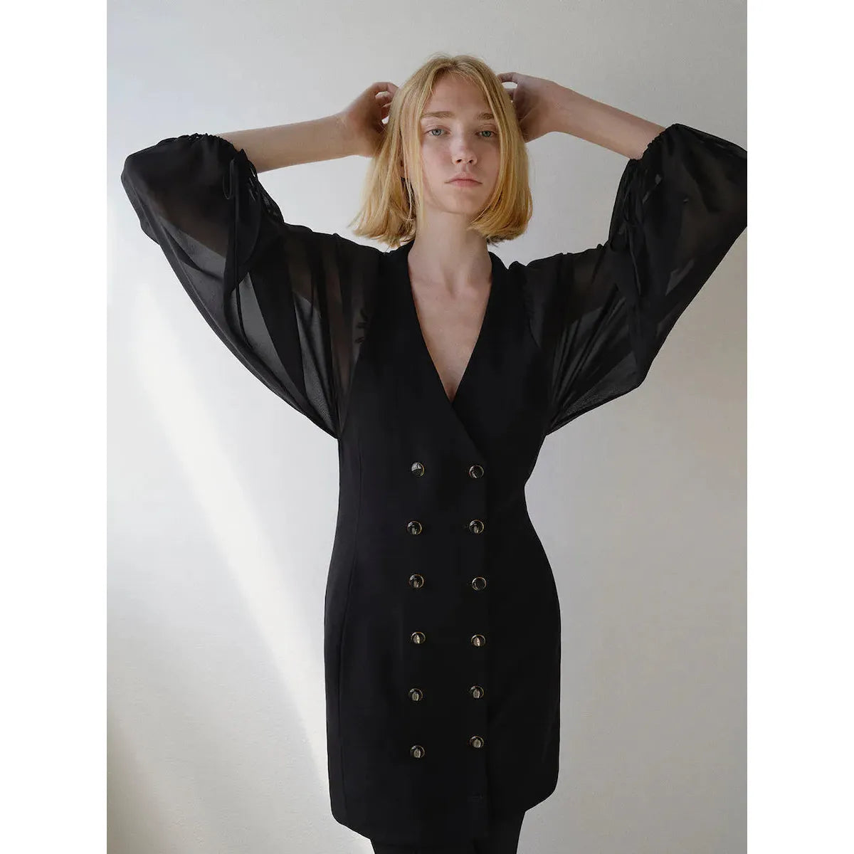 SHEER SLEEVE BLAZER DRESS