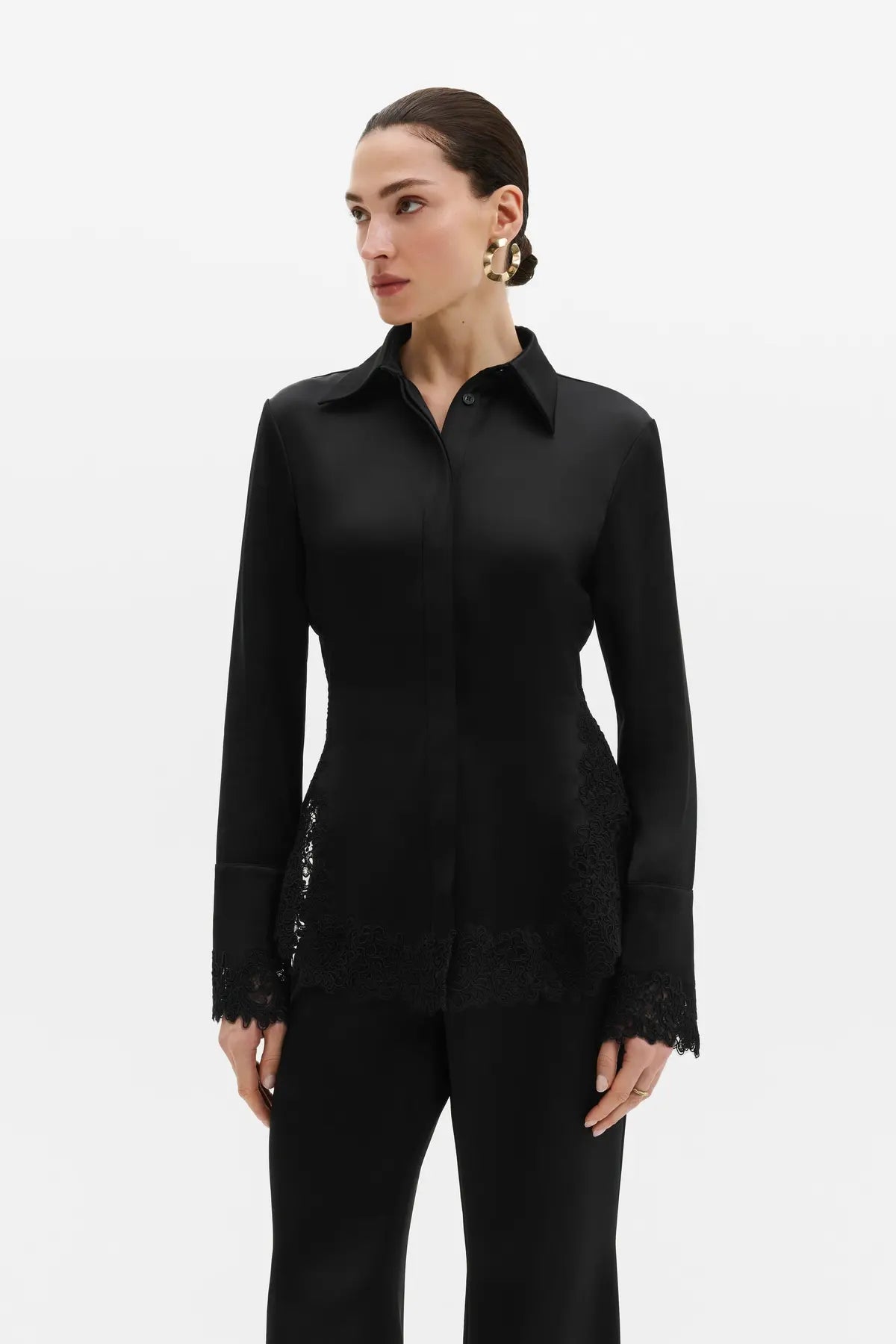 MALOU Satin Lace Hem Shirt