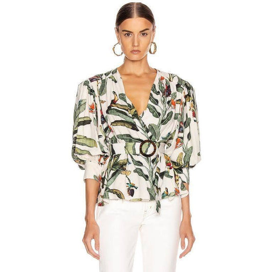tropical print belted top