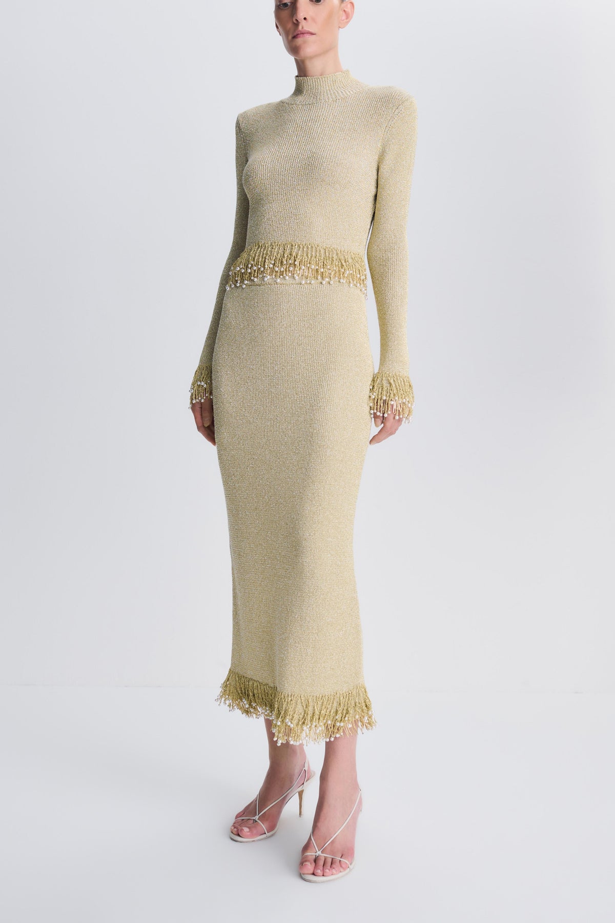Zeni Pearl Fringe Midi Skirt - Gold