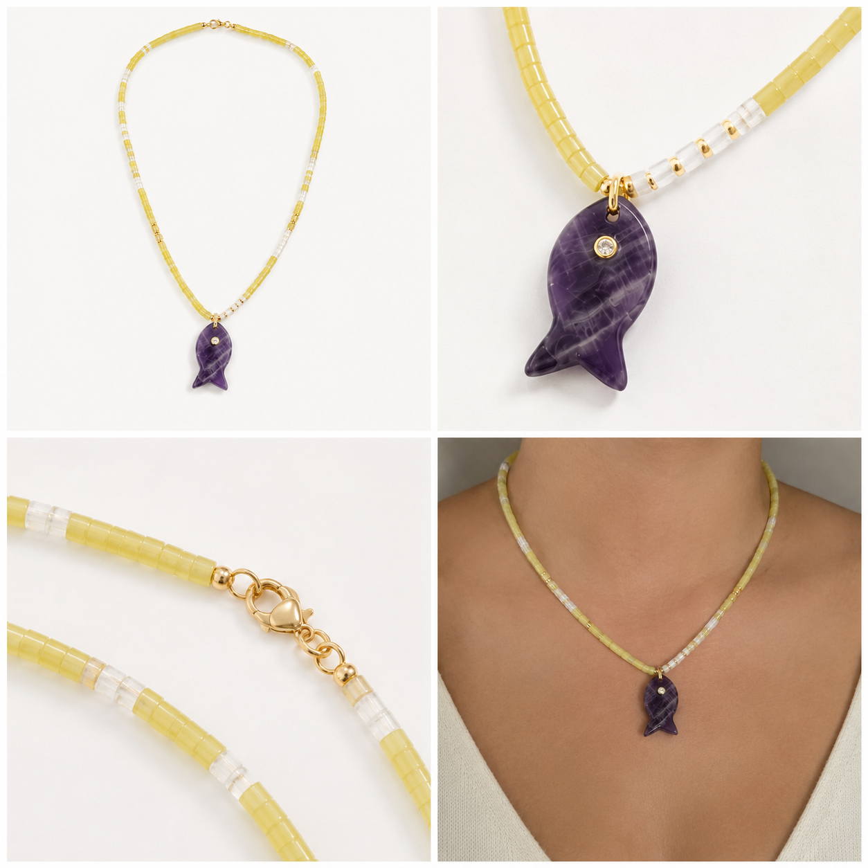 Amethyst Fish Beaded Necklace