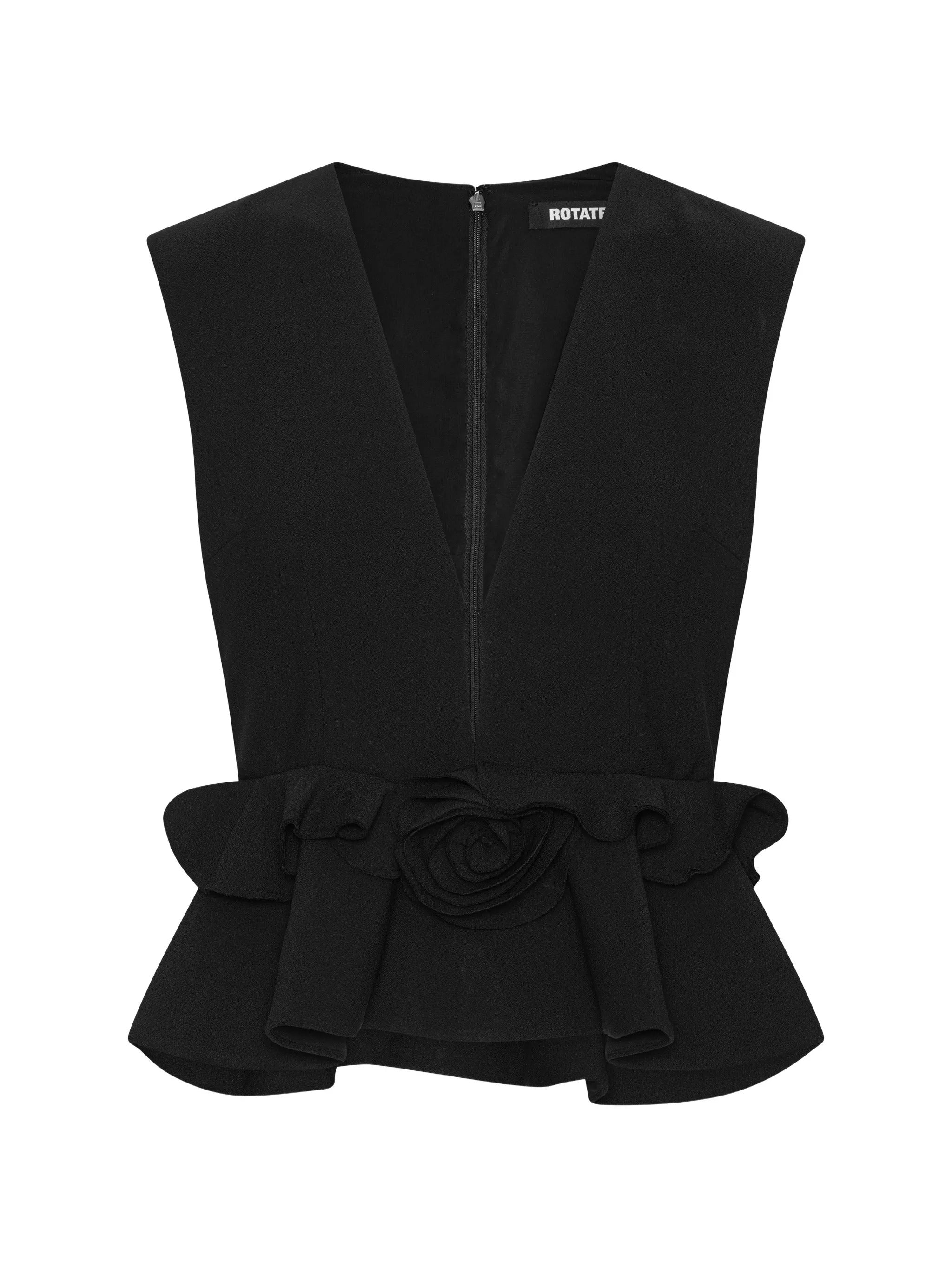 V-Neck Flower Top - Black