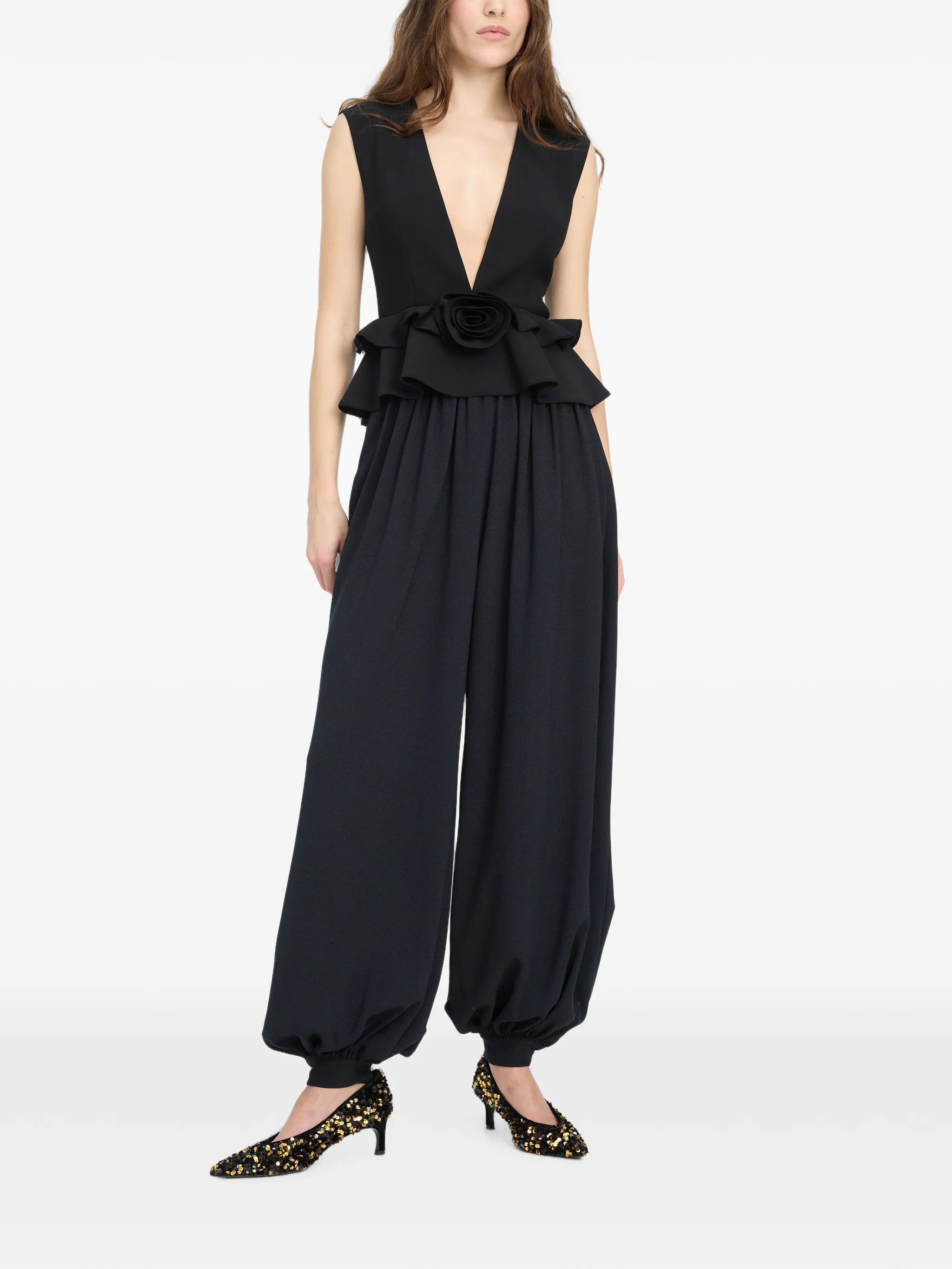 V-Neck Flower Top - Black