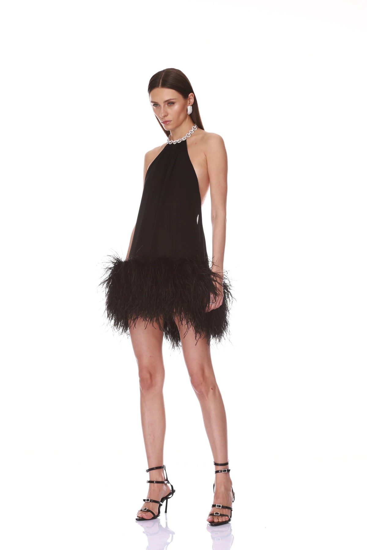 Halter Neck mini Dress with Feather trim