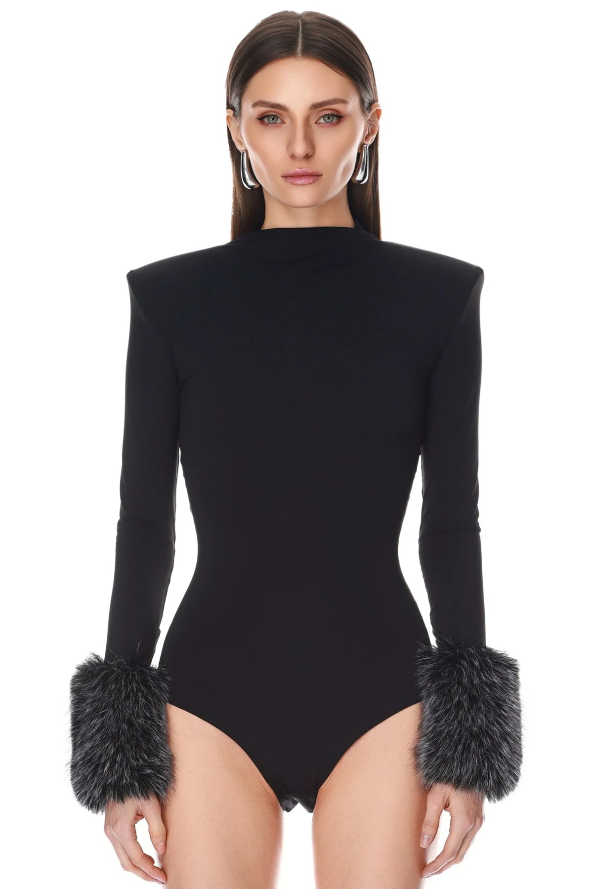 Long Sleeve Bodysuit with Faux Fur Cuffs