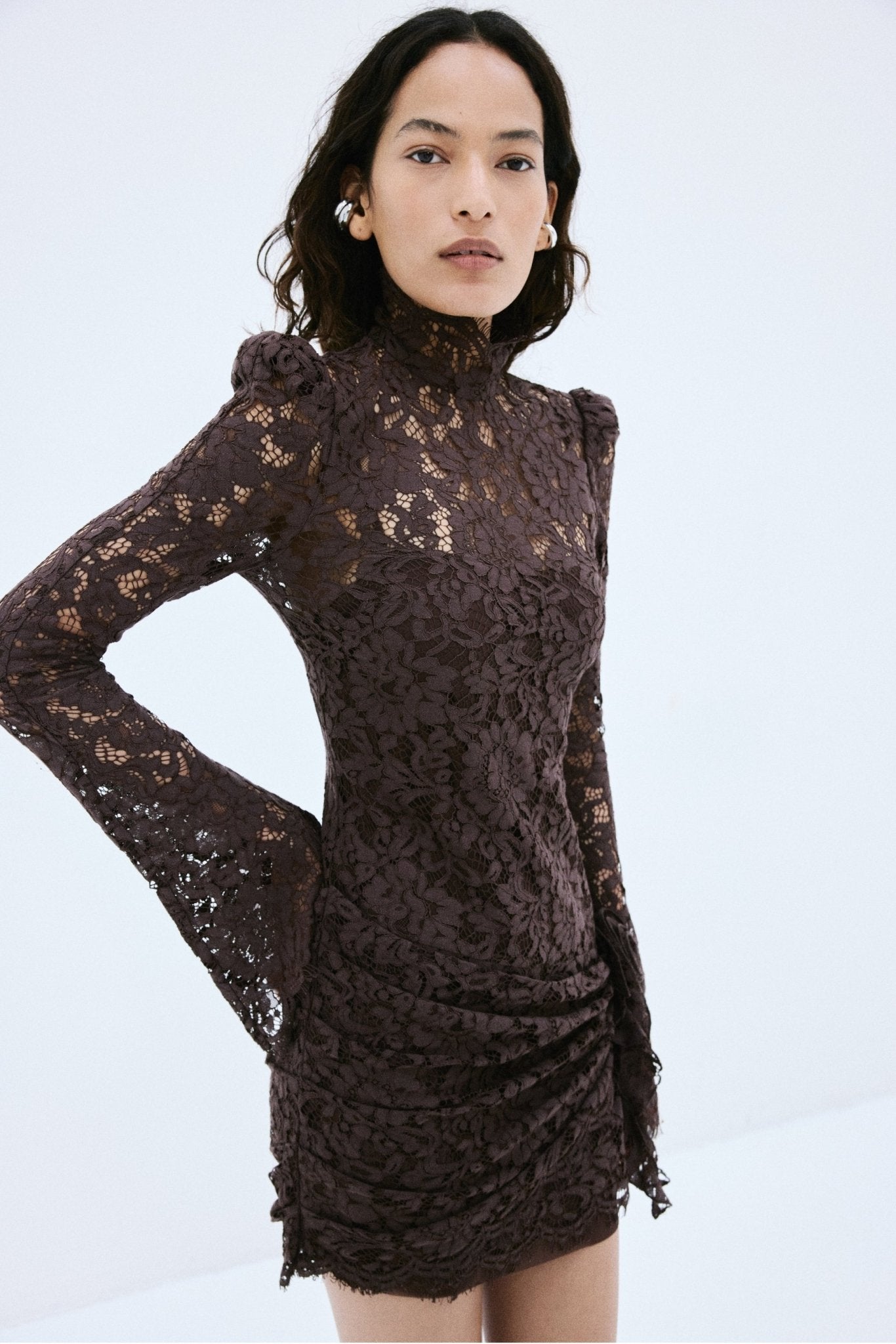 BODITA MINI DRESS IN BROWN COTTON LACE