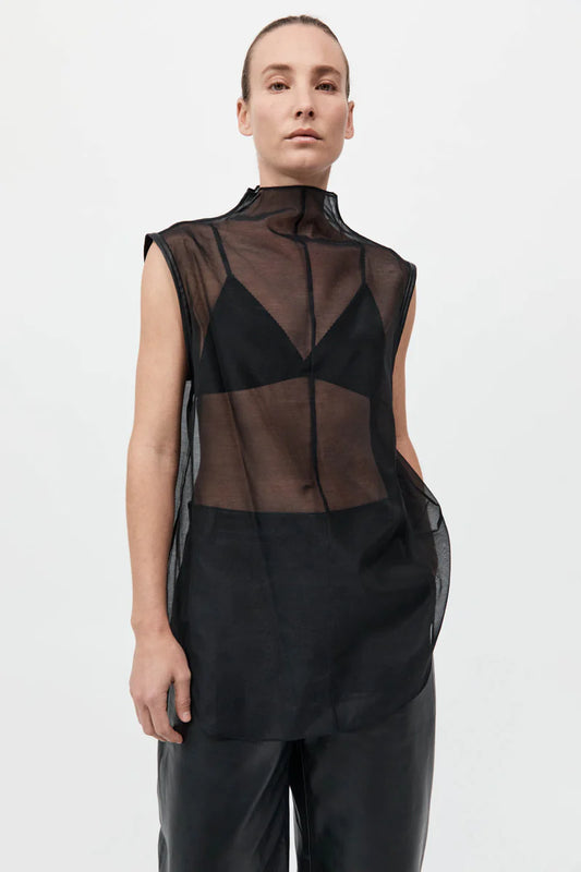 SHEER SILK LEATHER TRIM TOP