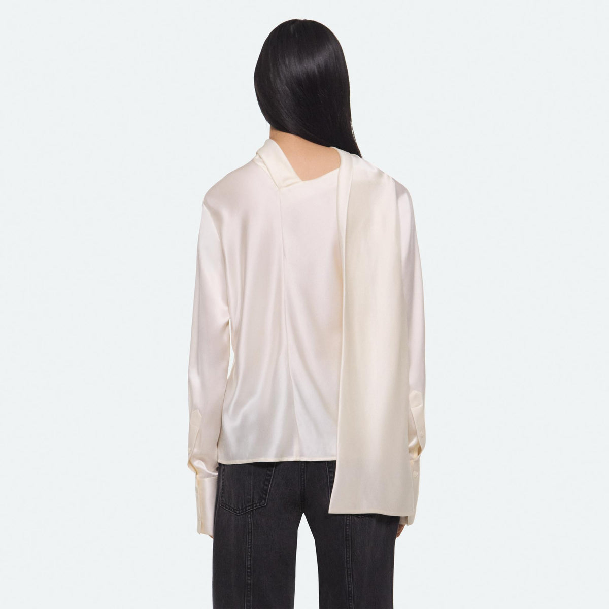 Helmut Lang Long-Sleeve Scarf Top in Ivory - back