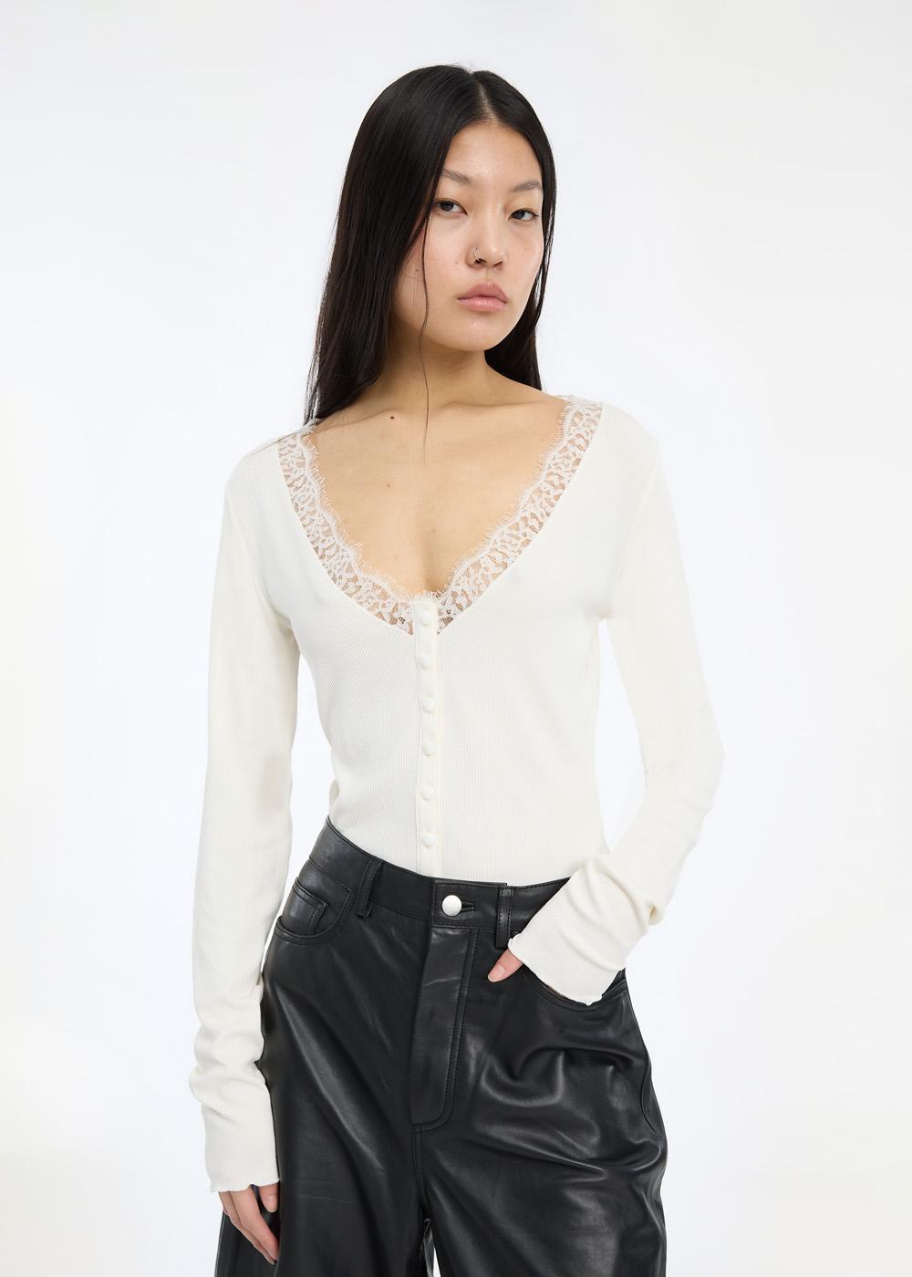 Rib Lace Cardigan Top - Egret
